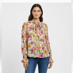 Luna Blouse Floral Retro Pink Orange Boho Cottage Mesh L